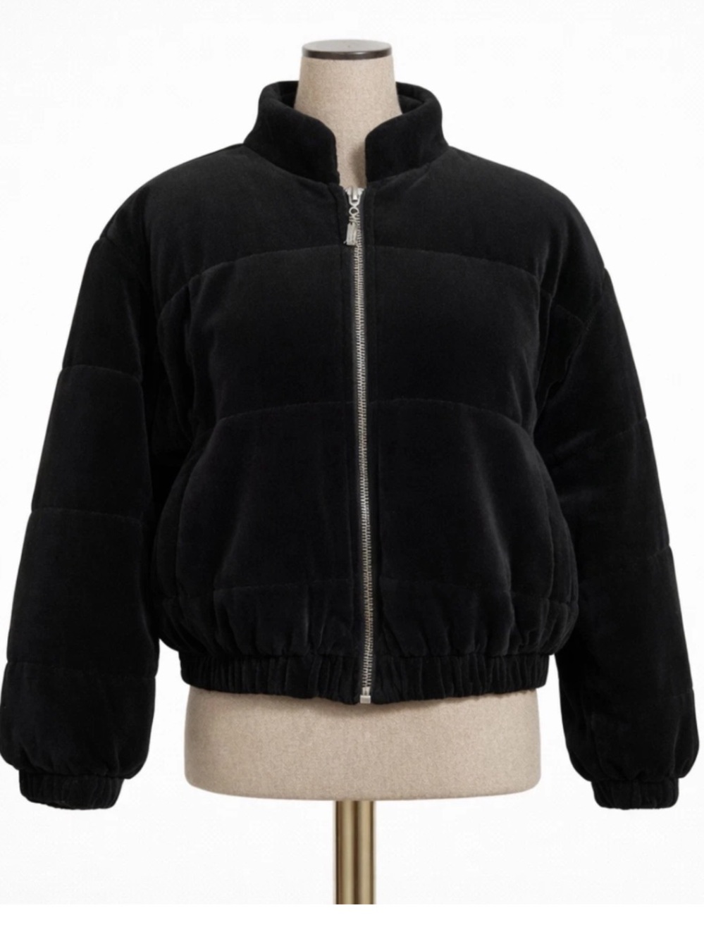 Vintage LizSport Velour Quilted Puffer Bomber Jacket Size PS Black Full Zip